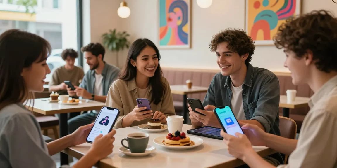 Engaging interaction with 18+ AI chatbots in a vibrant cafe setting, showcasing youthful social dynamics.