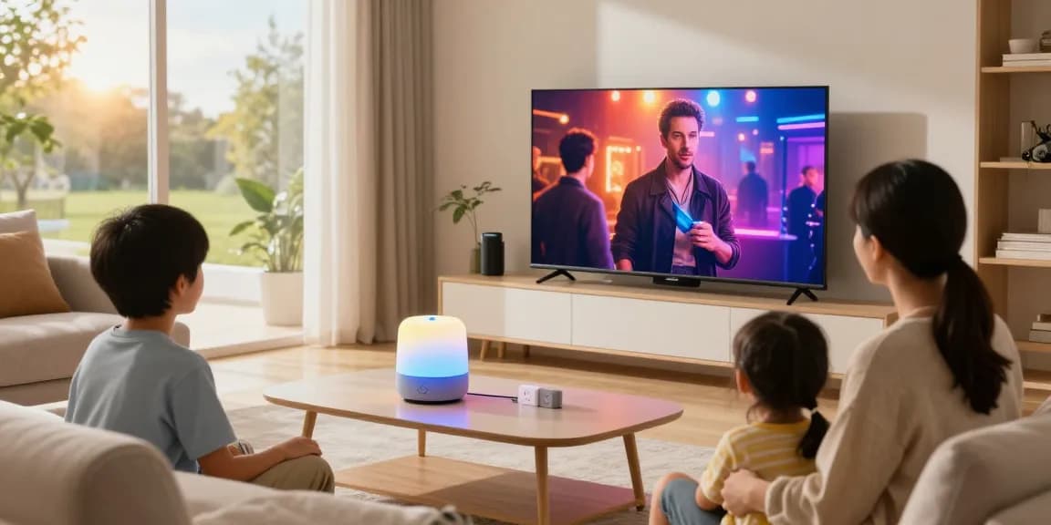 Family enjoying smart home gadgets in a cozy living room with intelligent lighting and smart TV.