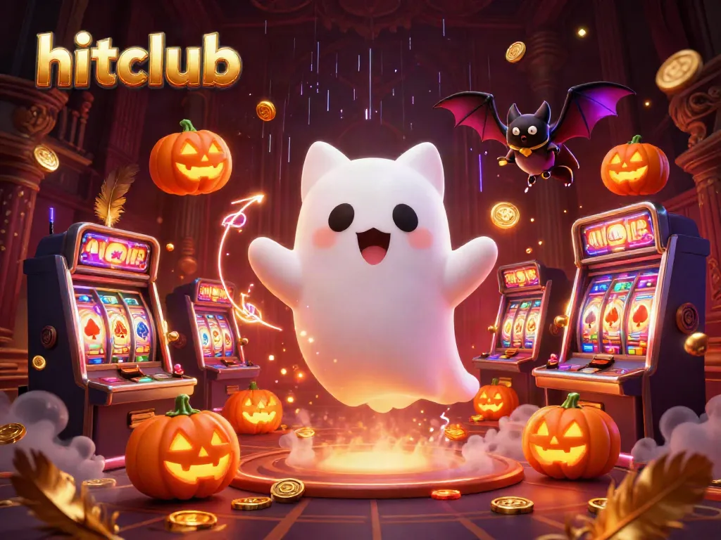 Experience the thrill of hitclub with a friendly ghost cat and a bat companion in a vibrant casino scene.