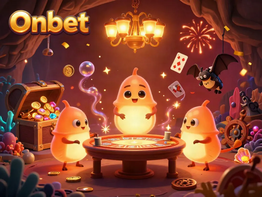 Experience the Onbet casino with glowworms illuminating a vibrant cave filled with treasures and gaming.
