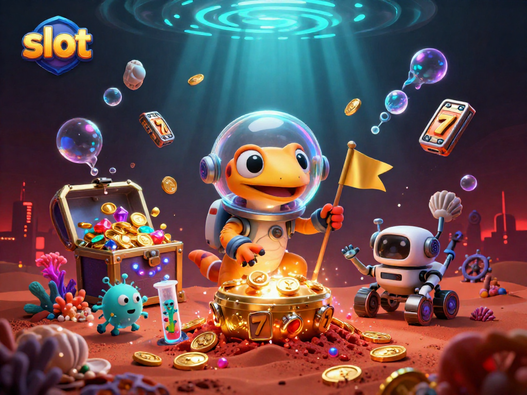 Martian gecko in a casino treasure hunt with slot reels and glowing gems