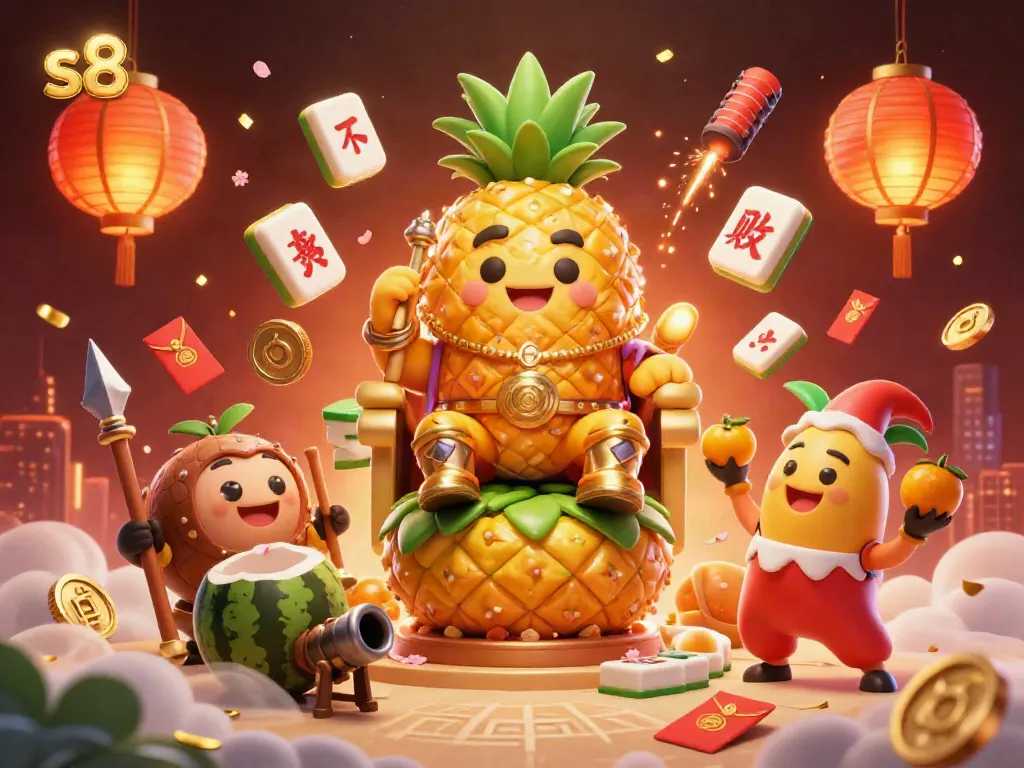 Engage with S8's vibrant casino scene featuring an animated pineapple king and treasure elements.