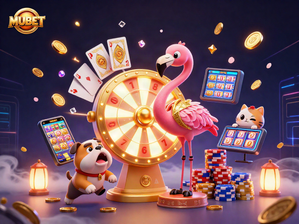 MUBET brings excitement as a flamingo host spins the prize wheel in a vibrant casino scene.