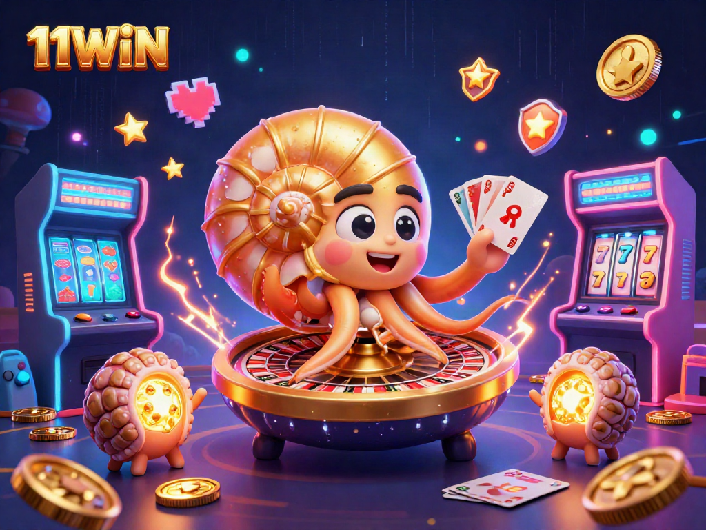 Experience the vibrant 11WIN casino world with a dynamic 3D scene featuring a nautilus roulette wheel.