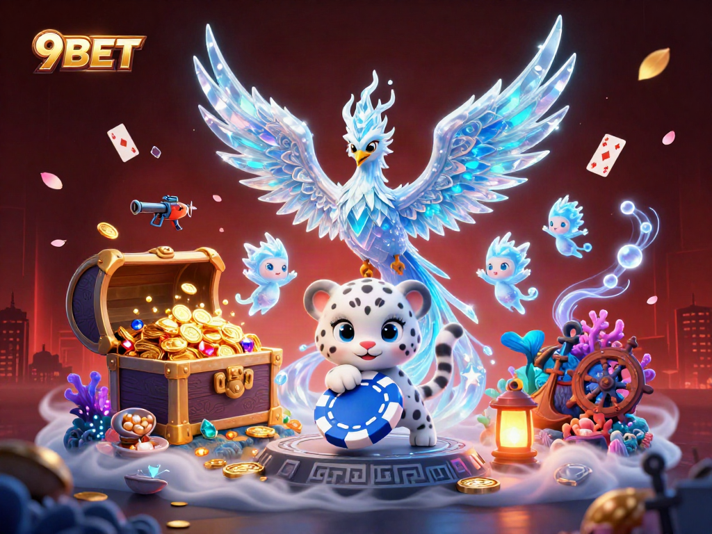 Win big with 9BET in this vibrant 3D illustration showcasing colorful casino elements.