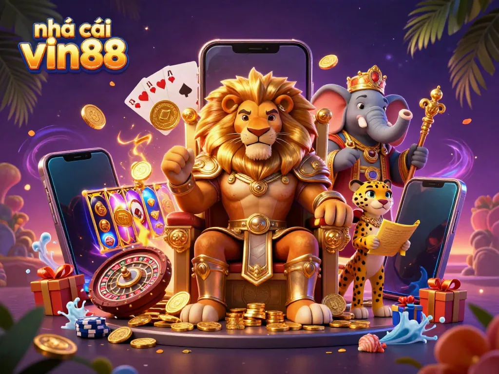 Experience excitement at nhà cái vin88 with a vibrant 3D casino illustration featuring a lion king, elephant advisor, and cheetah.