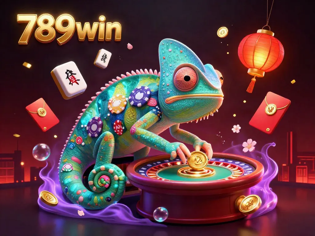 Engage with 789win, exploring vibrant casino adventures featuring a chameleon owner amidst golden coins and festive decorations.