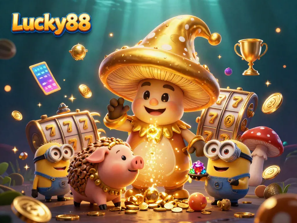 Engage with Lucky88's magical casino experience featuring golden elements and vibrant characters.