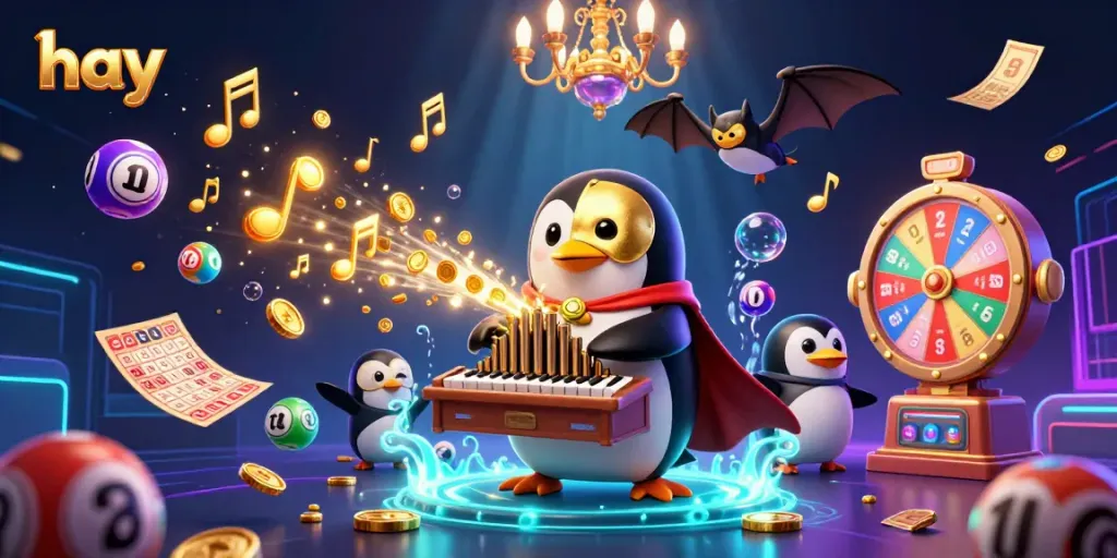 Engage with thrilling hay casino action featuring a penguin organist, gold coins, and vibrant lottery elements.