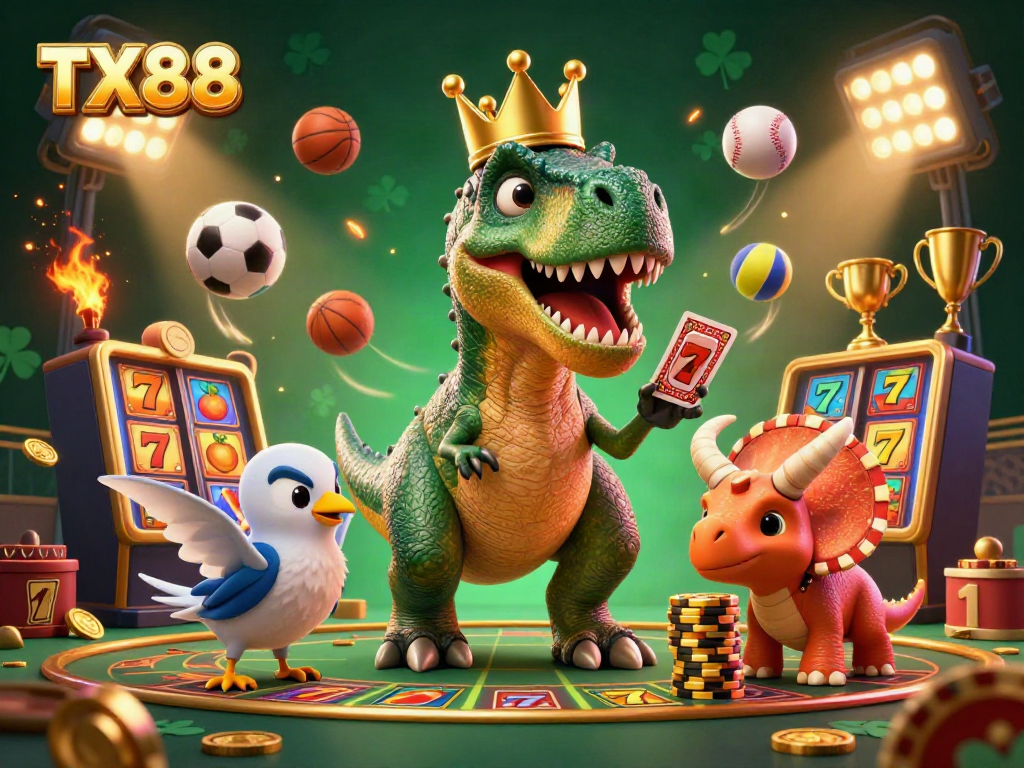 Engage in thrilling gameplay with TX88's dynamic casino scene featuring a T-Rex, pterodactyl, and triceratops.