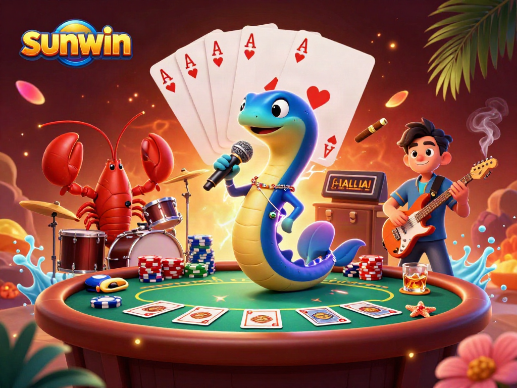 Engage with thrilling sunwin gameplay at an underwater casino featuring vibrant characters and poker elements.