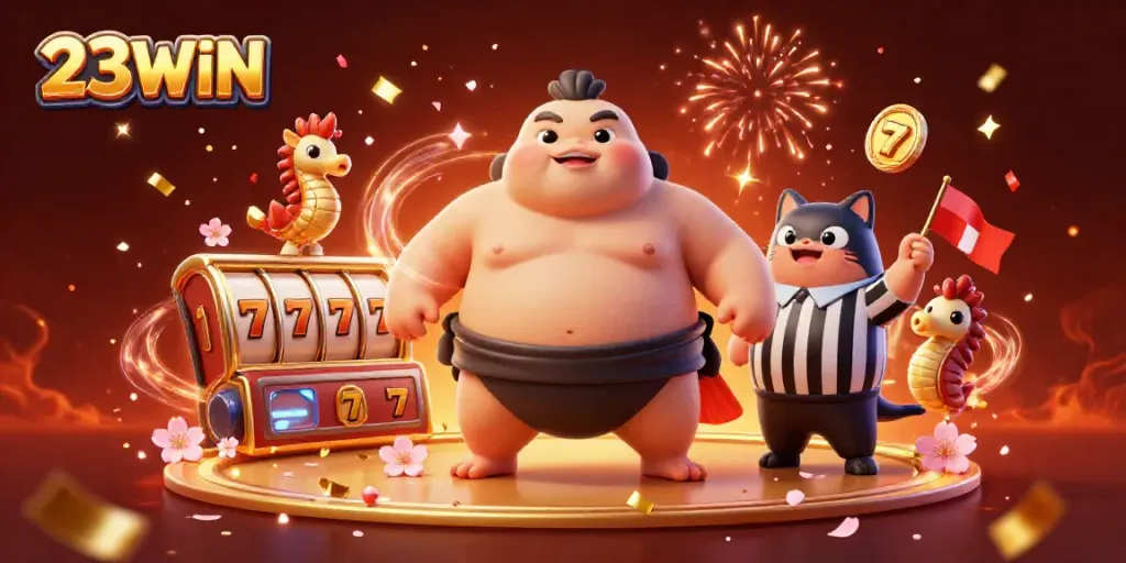 Engage with 23WIN’s vibrant casino scene featuring a fugu, catfish referee, and festive spectators.