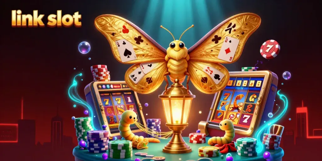 Engaging "link slot" scene depicting a vibrant 3D atlas moth amid dynamic casino elements.