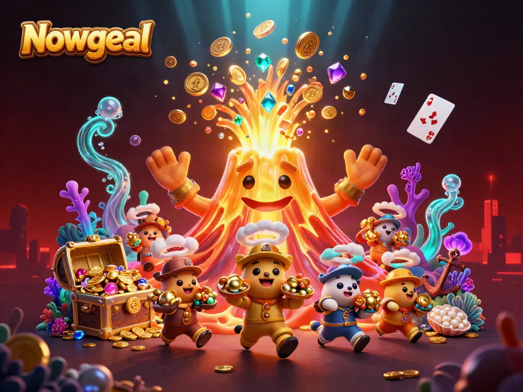 Experience thrilling gameplay with Nowgoal as a golden volcano erupts treasures in this vibrant scene.