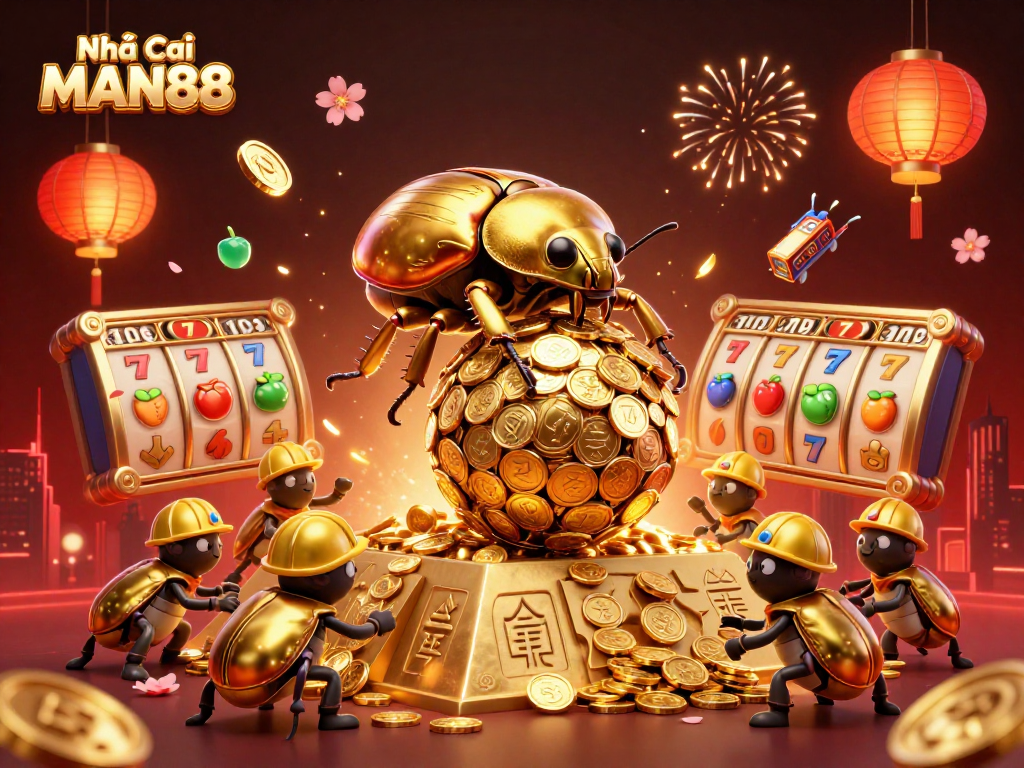 Experience thrilling wins at Nhà Cái MAN88 with golden coins, slot reels, and vibrant casino elements.