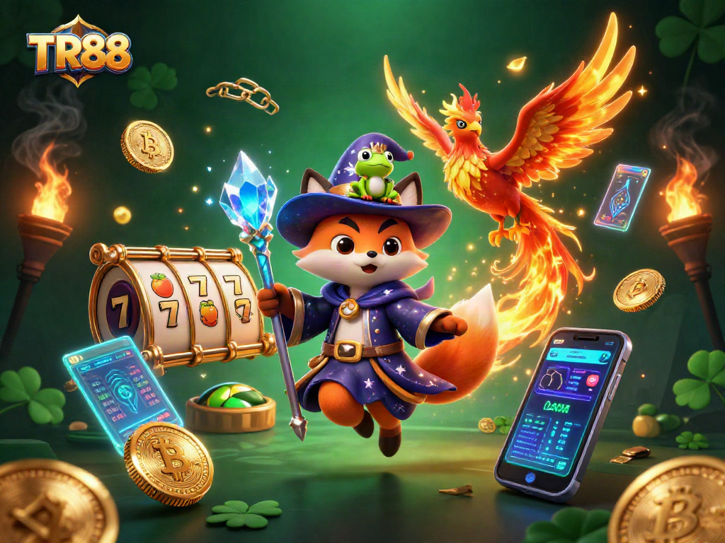 Engage with TR88 illustrated casino magic featuring wizard, phoenix, and slot games.