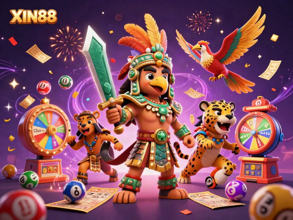Engage in thrilling games at XIN88 with vibrant visuals of lottery and gaming elements enhancing the excitement.