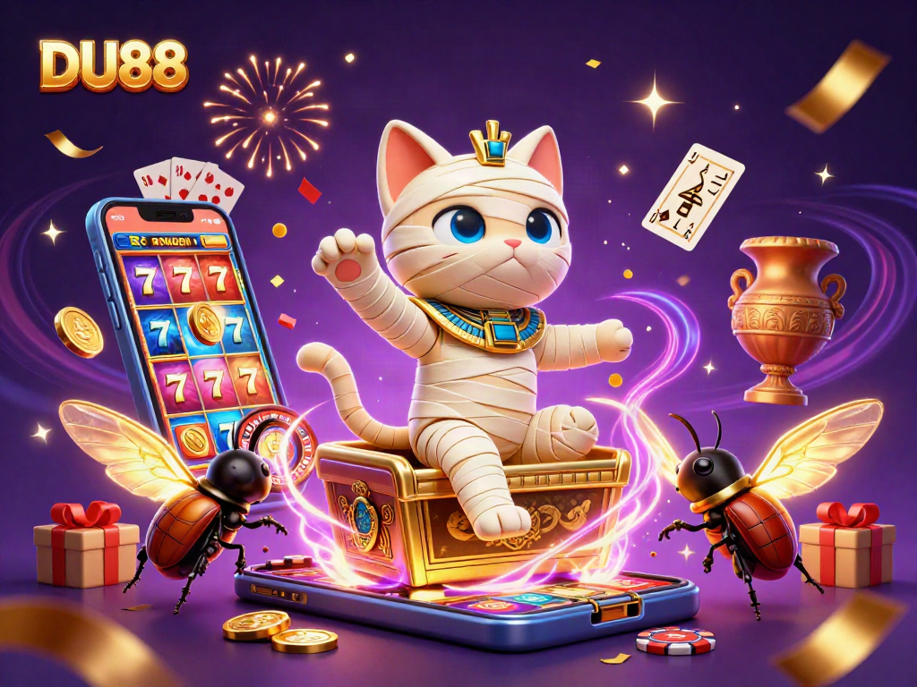 Experience DU88 with a vibrant 3D scene of a mummy cat, casino elements, and colorful slot games.