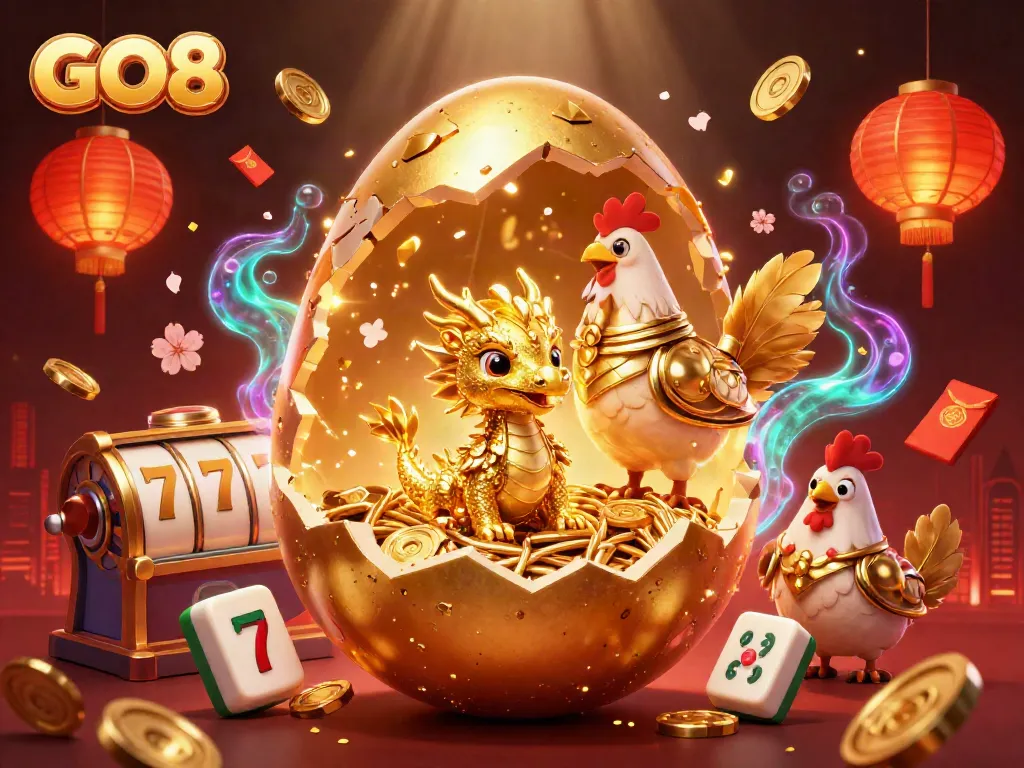 Embark on exciting gaming adventures with GO8 and a golden dragon amidst vibrant casino elements.