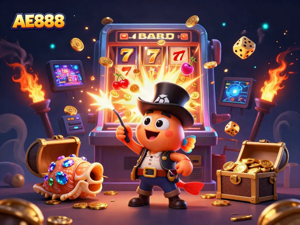 Engage in AE888's vibrant casino scene with glowing characters and enticing jackpot elements.