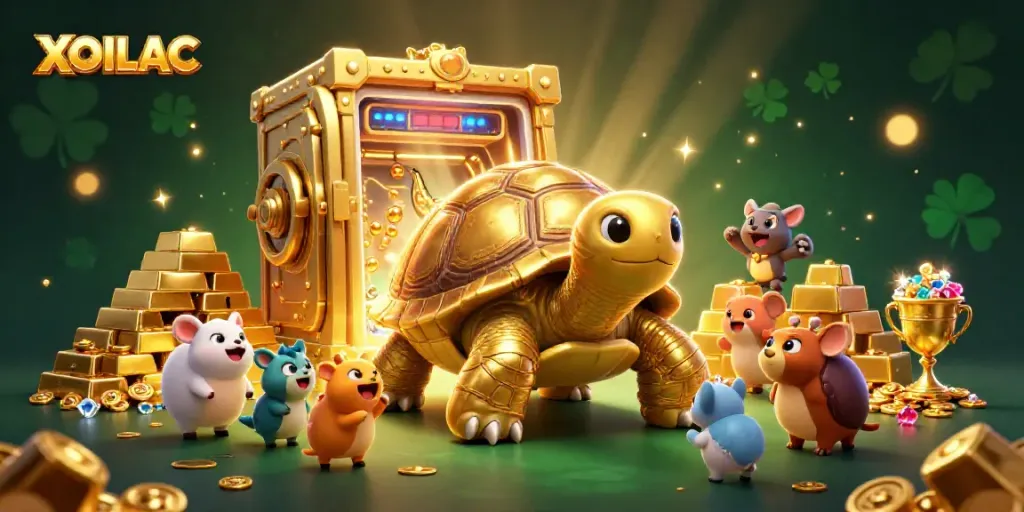 Experience exciting gameplay in XOILAC with thrilling scenes of winning golden treasures and vibrant animated characters.