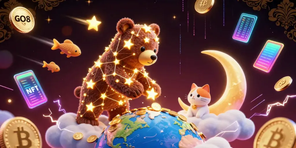 Engage with the vibrant GO8 constellation-themed casino scene featuring a golden star bear and Bitcoin coins.