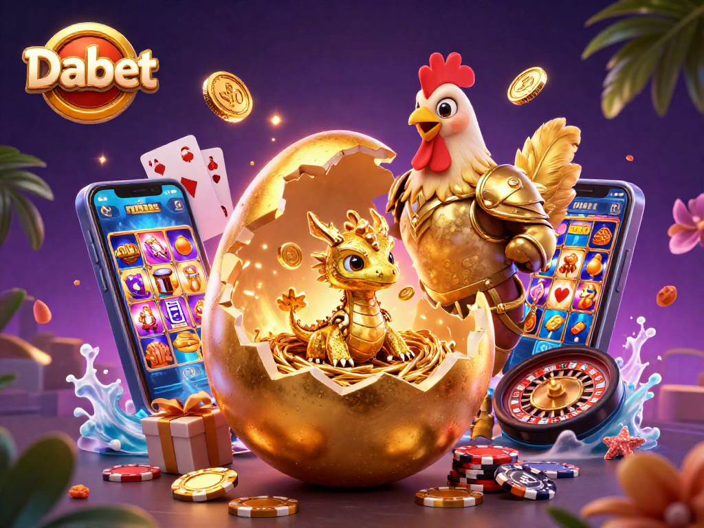 Dabet showcases a dynamic scene with a golden dragon and gaming elements, emphasizing high-quality gaming entertainment.