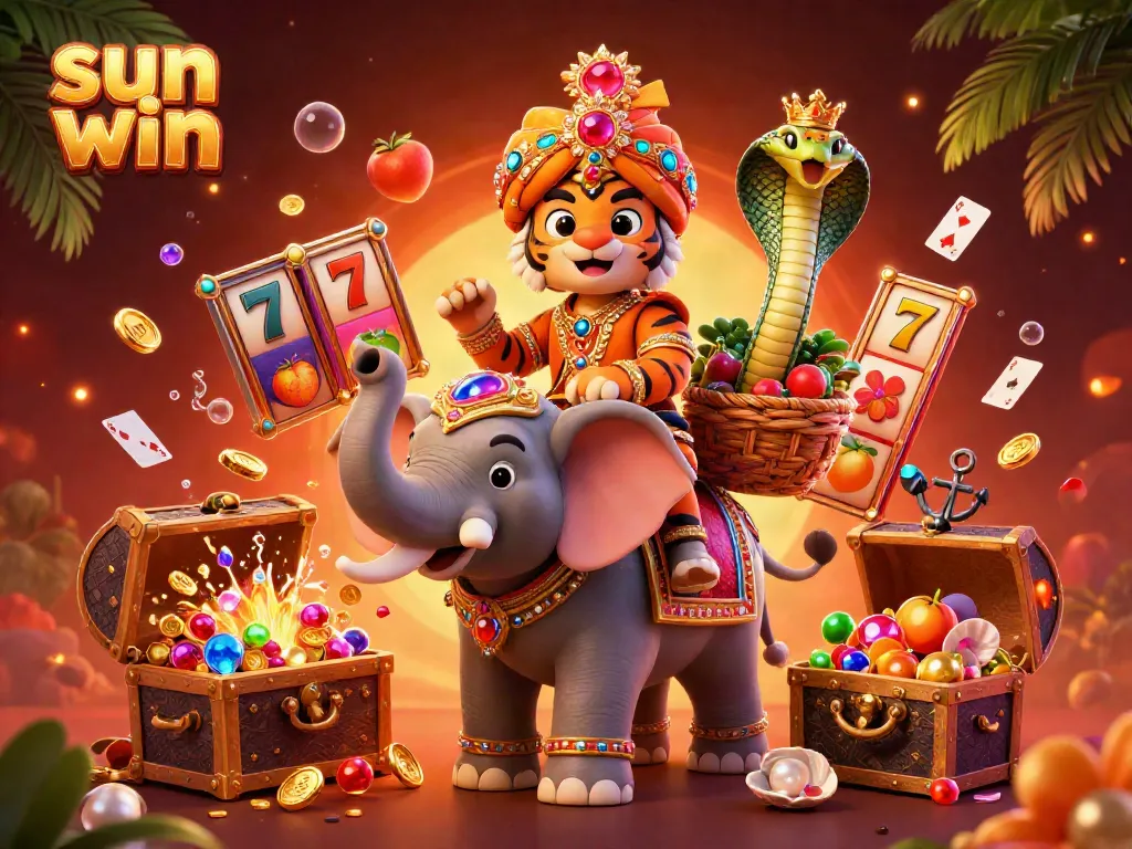 Experience the thrill of sun win with vibrant slot games and rich treasures in this immersive gaming illustration.