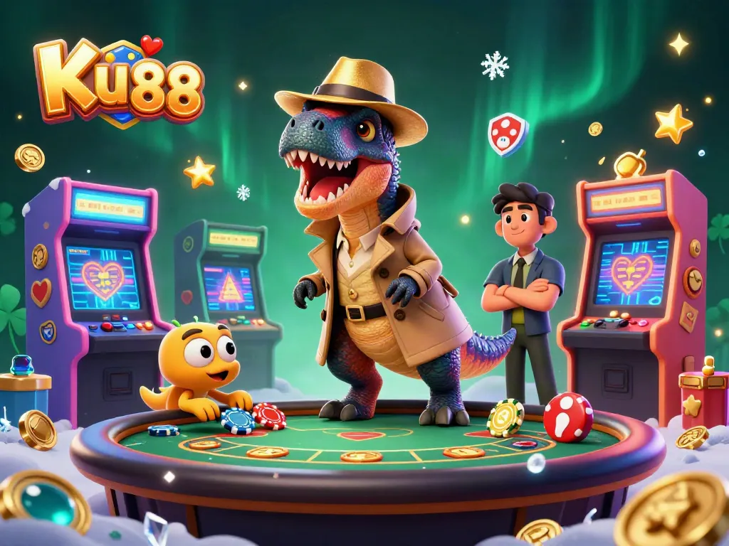 Engage with Ku 88 in this vibrant scene of a velociraptor card counter amidst gaming excitement and animated casino elements.