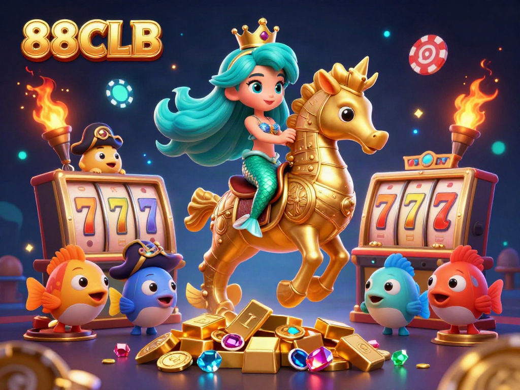 Experience thrilling slots with 88CLB in a vibrant underwater casino-themed illustration.
