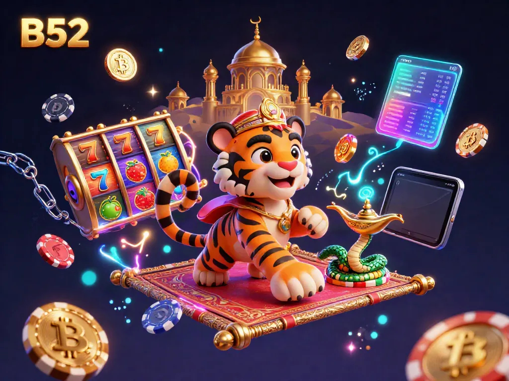 Engage with B52's vibrant slot games in a magical casino-themed illustration featuring a tiger sultan.