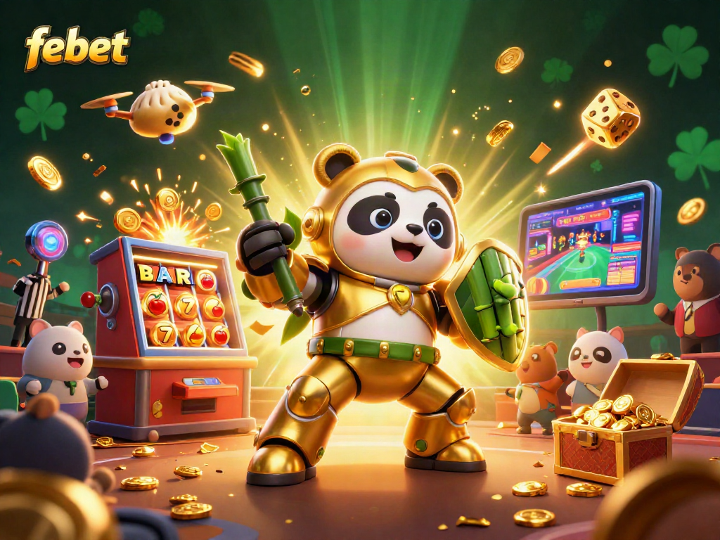 Experience the thrilling action at febet with a lively 3D casino scene featuring dynamic characters and exciting game elements.