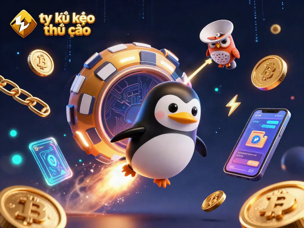 Engage with tỷ lệ kèo nhà cái in a dynamic 3D scene featuring a penguin, crypto coins, and a casino station.