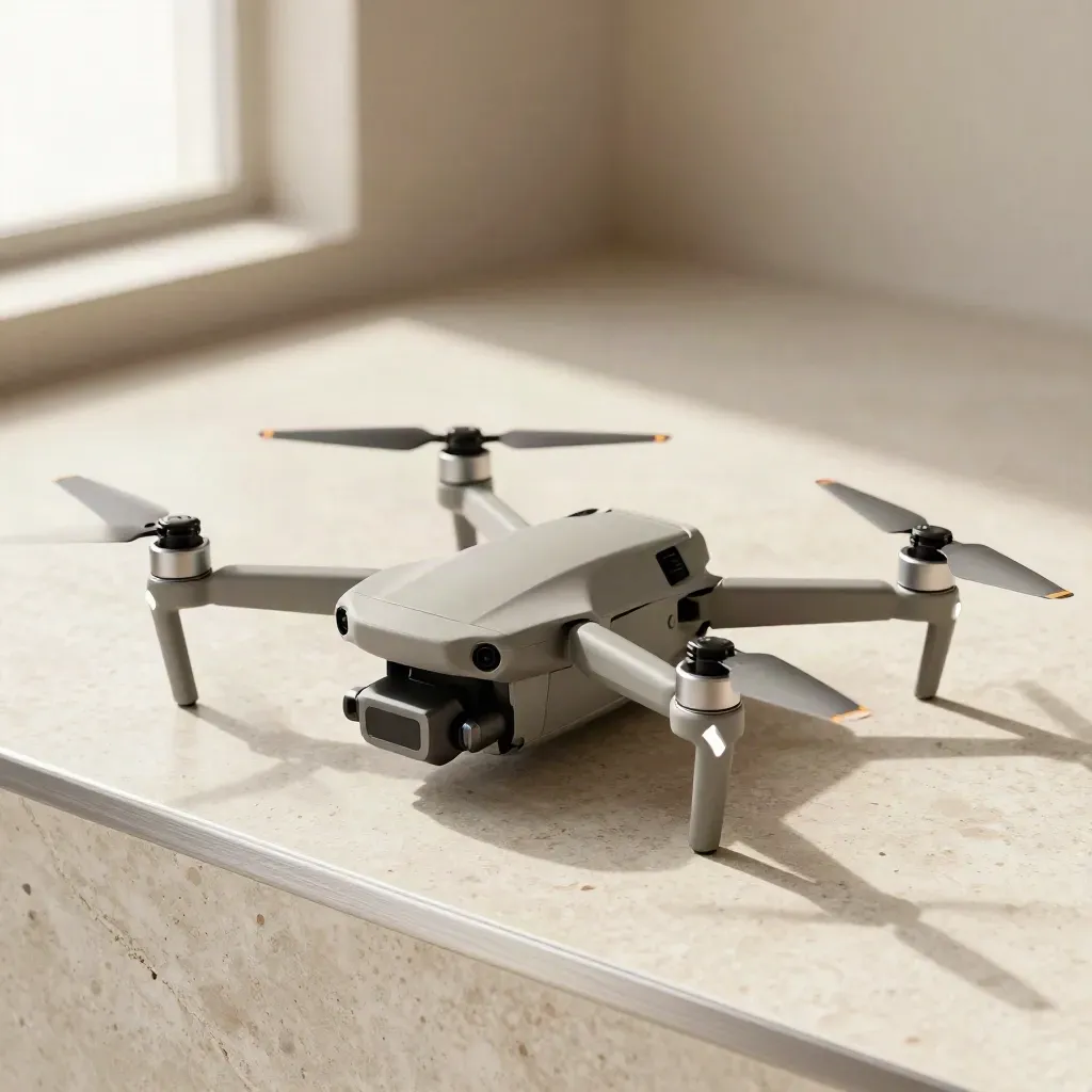 Unbranded drone kit on travertine with case, dock and roofline board in soft studio light.