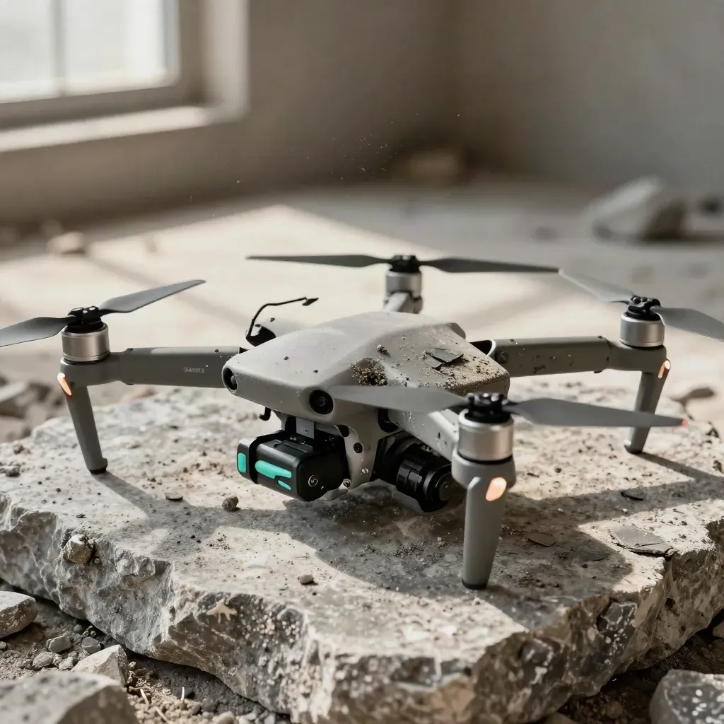 Macro drone survey kit half-buried in slate, lit by hard raking light.