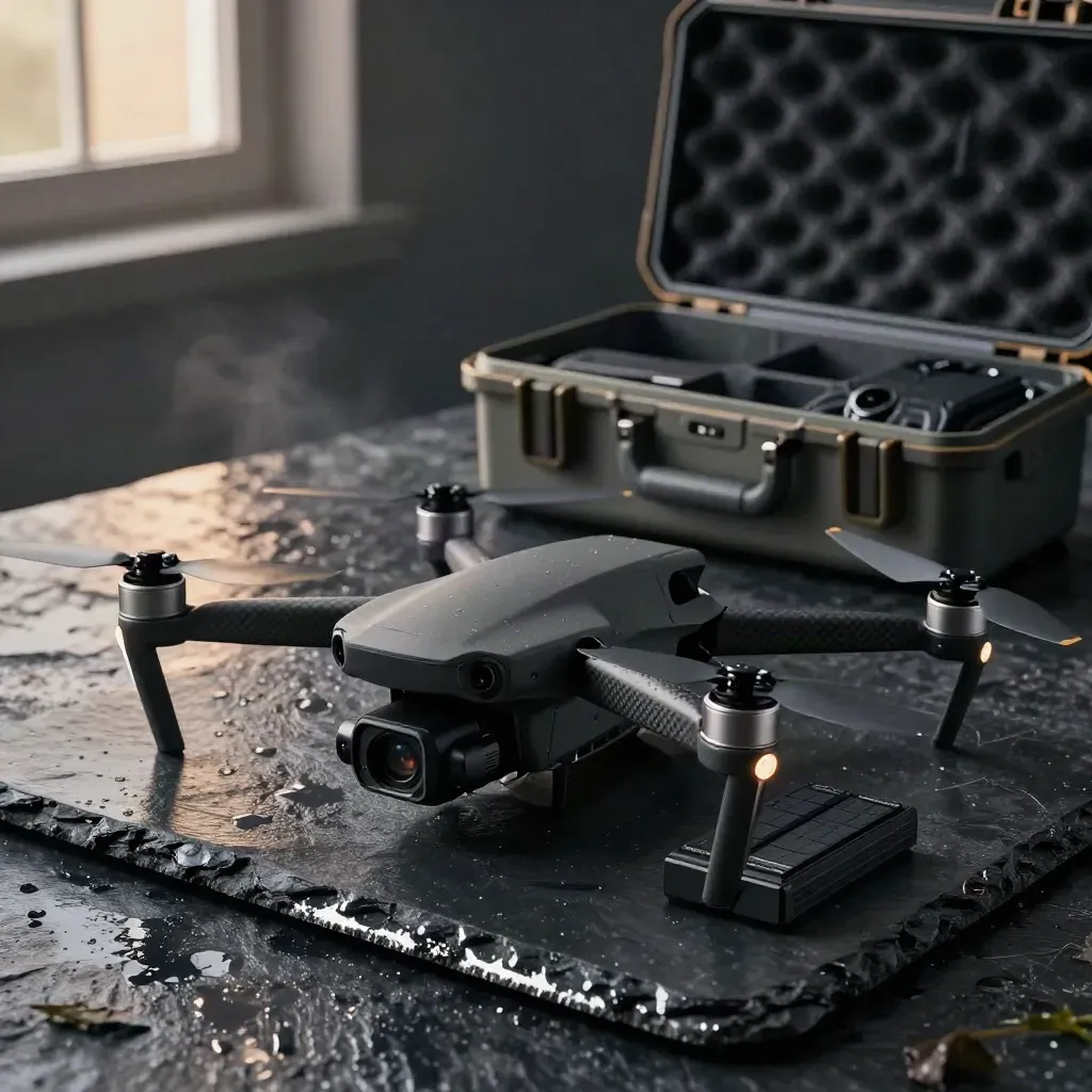 Rain-wet Dronify drone kit on slate with case, landing pad, thermal module and batteries.