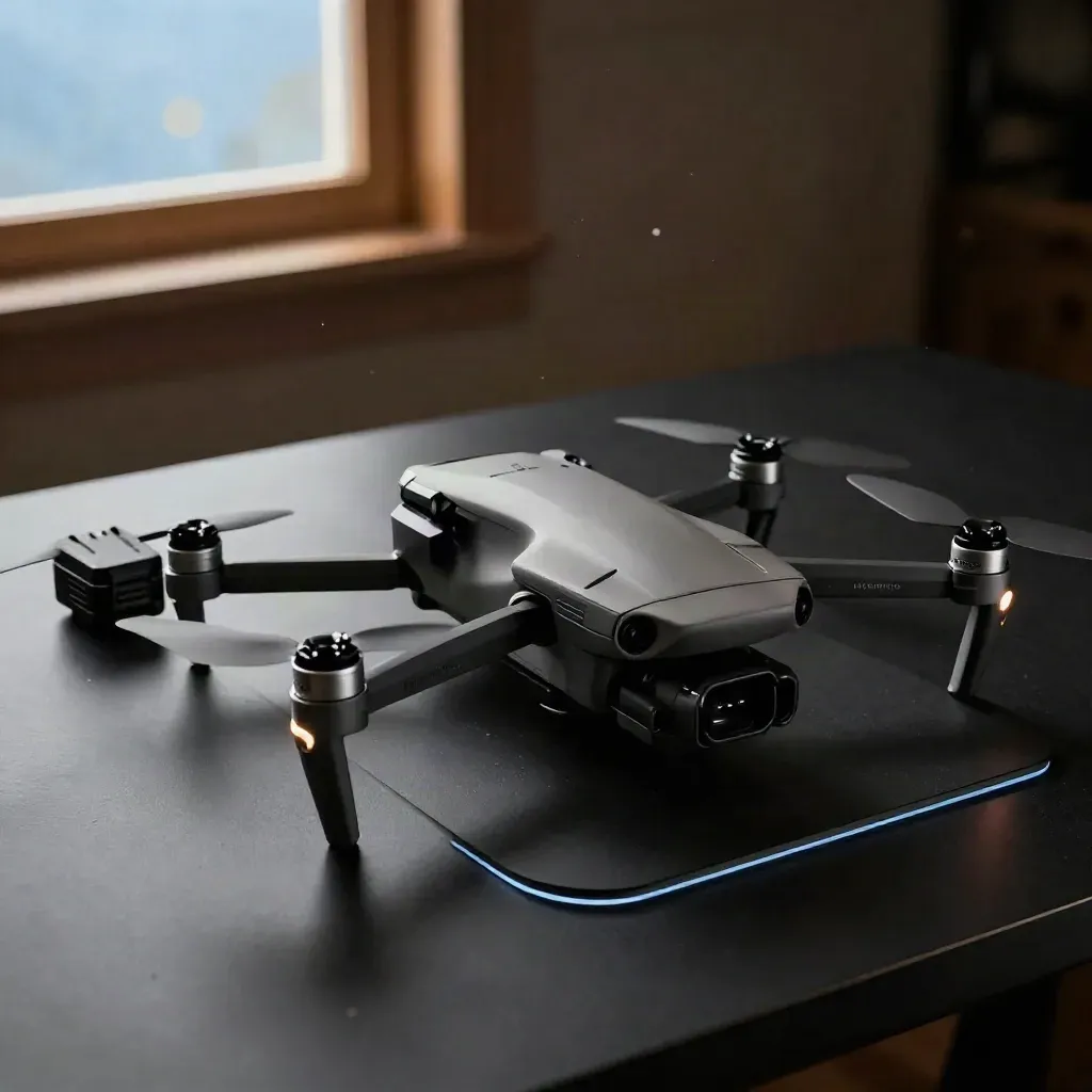 Compact event drone kit on matte-black surface with confetti haze and blue rim light.