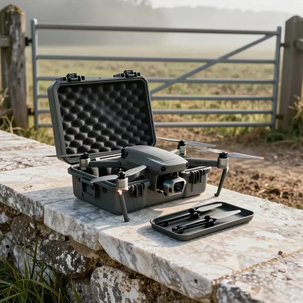 Drone mapping kit by a field gate with misty farmland tones and a rugged case.