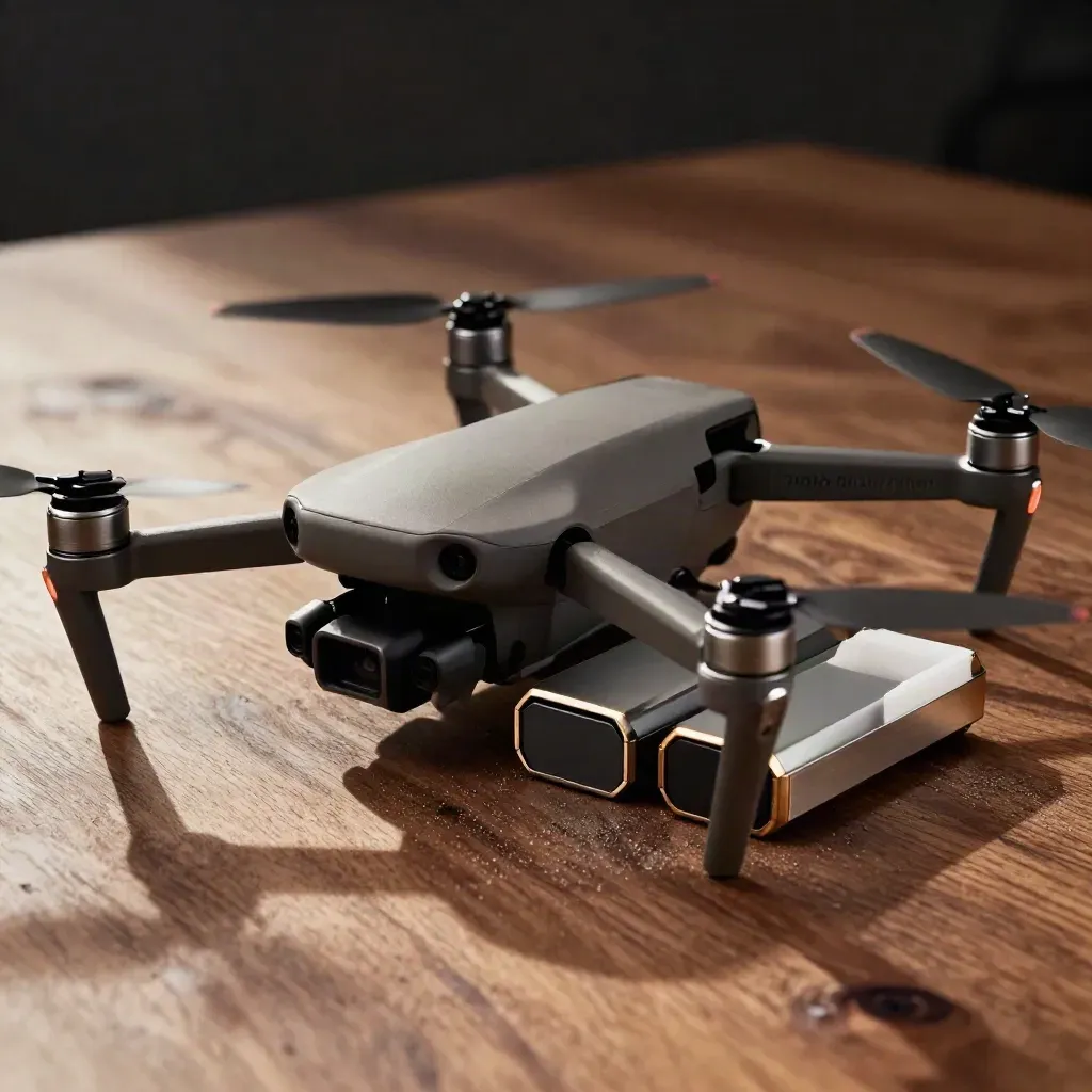 Macro of a drone kit with controller, batteries and metal case corners on walnut wood.