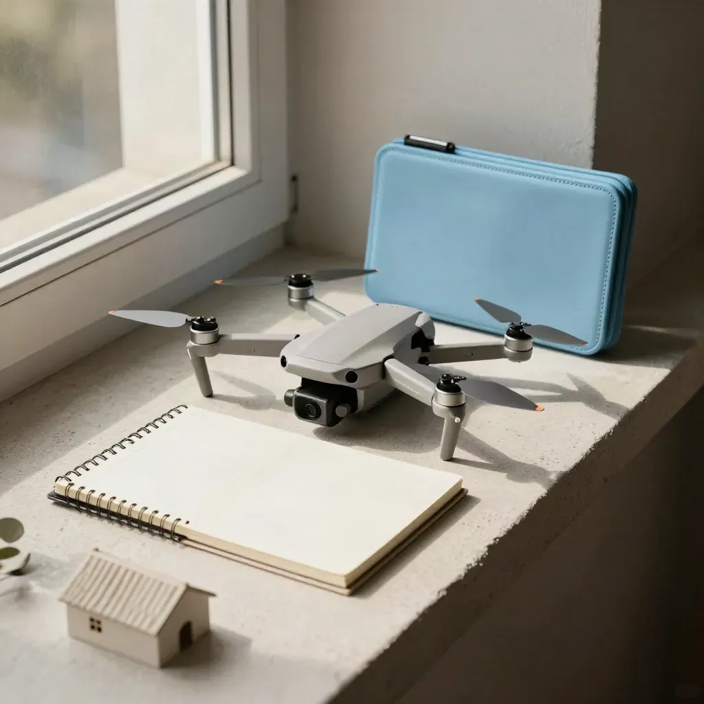 Drone consultancy kit on pale plaster by a window, with roof tile, case, and notepad.