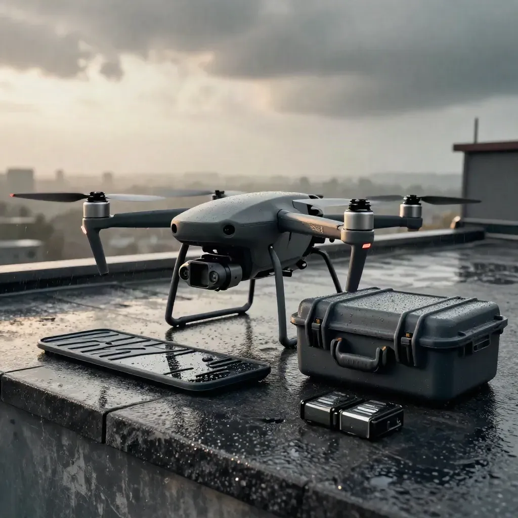 Rain-speckled drone kit on wet stone rooftop with mist and teal reflections