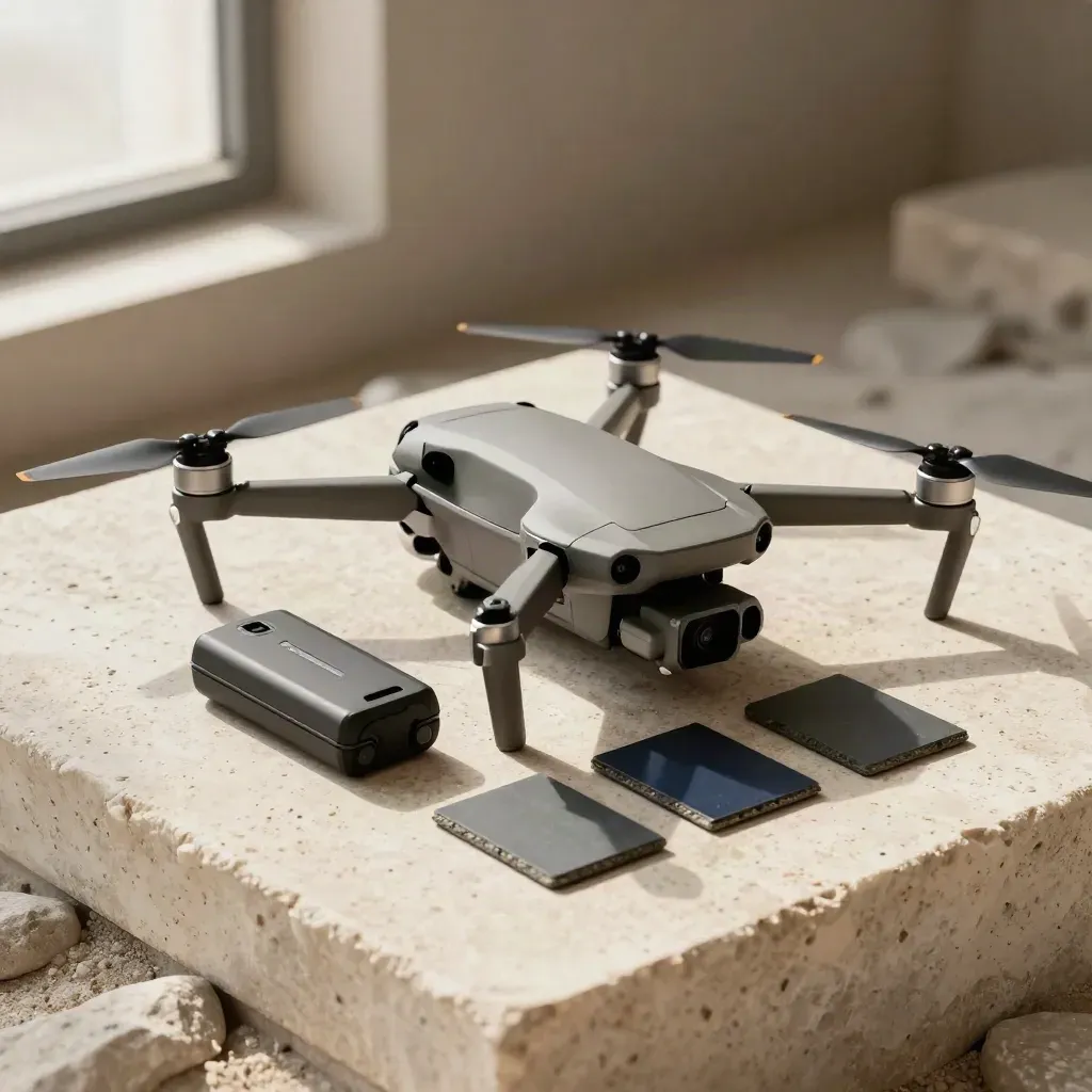 Unbranded roof drone kit, battery stack and slate samples on pale travertine, studio-lit.