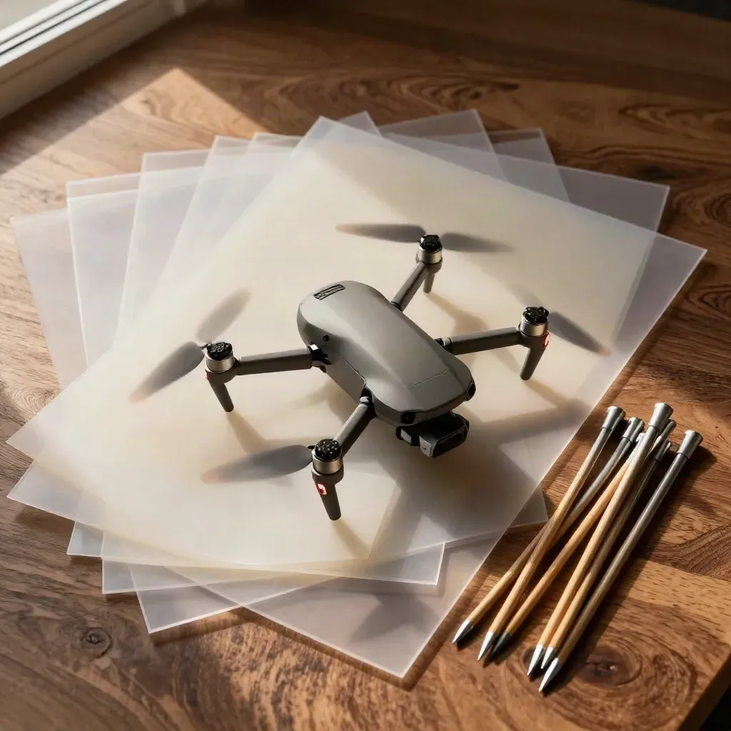 Top-down macro of a planning site map kit with drone, contour boards, acetate overlays and survey stakes.