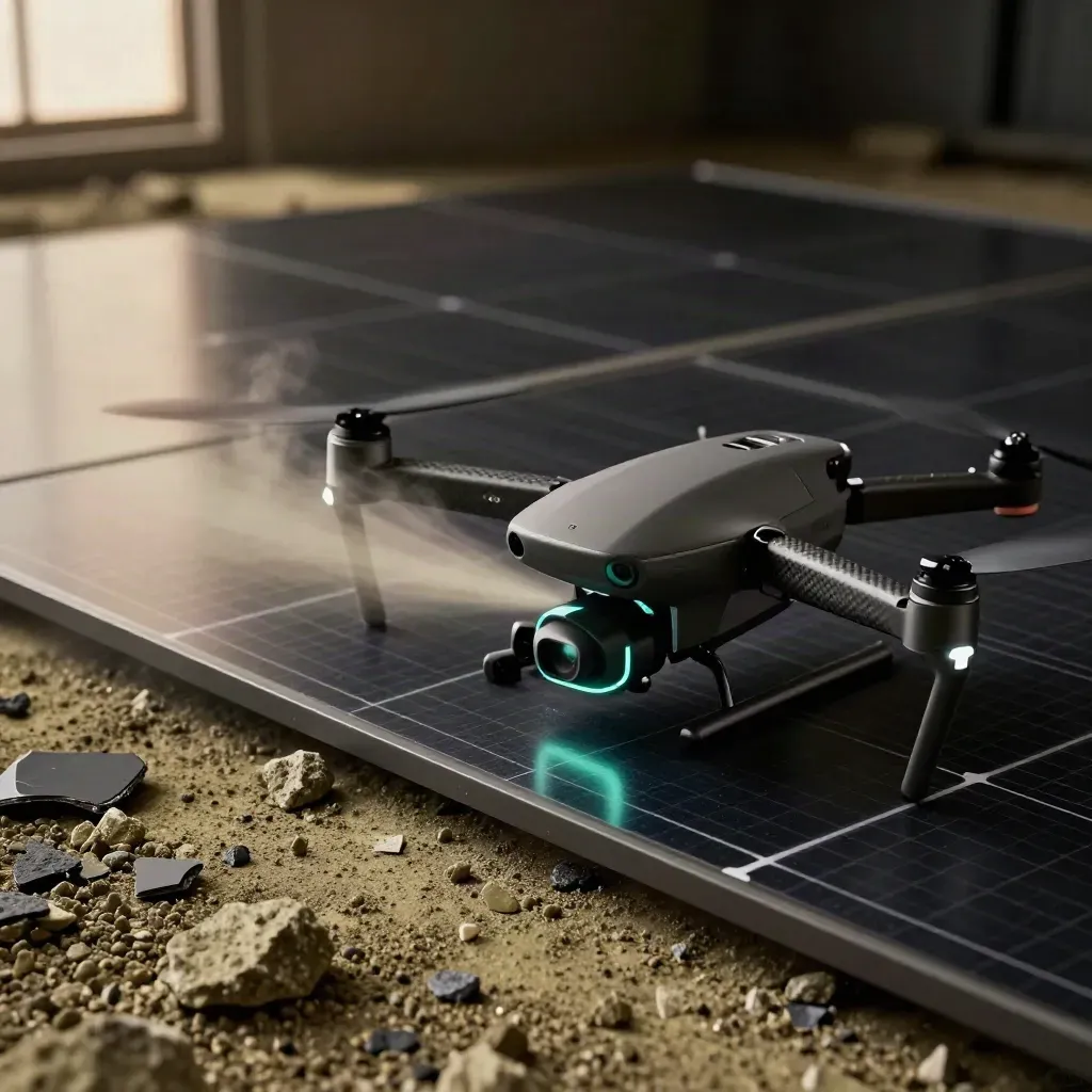 Thermal scan drone sweeping over roof samples on a dark studio slab.