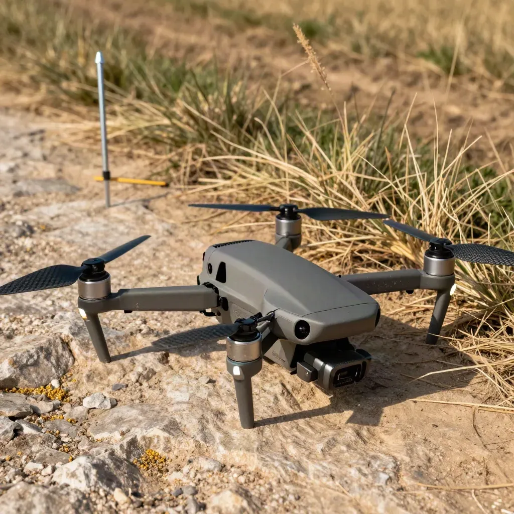Macro survey drone, pegs and stone boundary marker in dry grass, lit by hard upper-left sun.