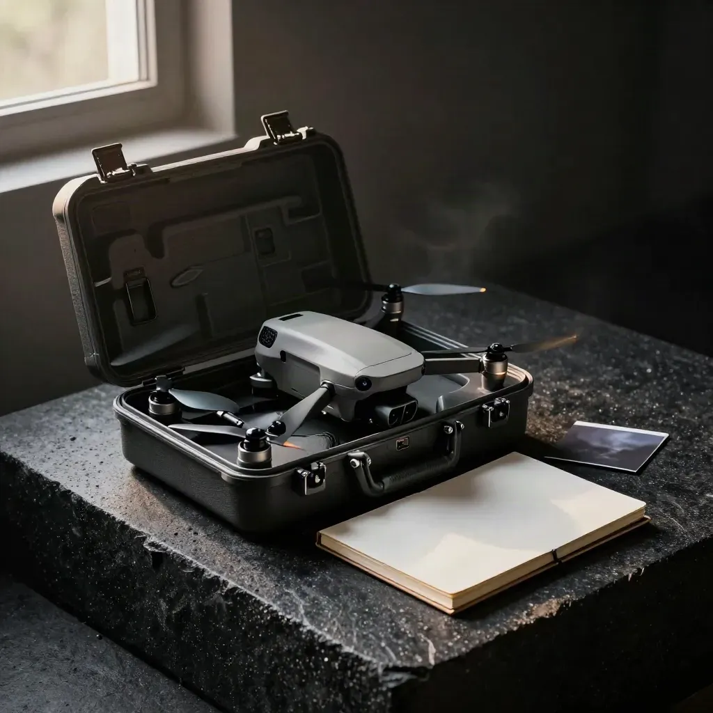 Open drone case with compact drone, spare props and notebook on stone in moody studio light.