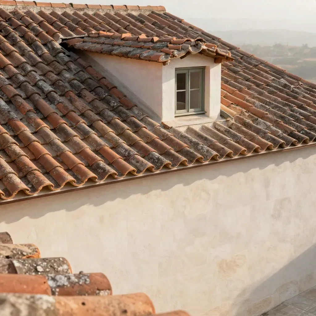Weathered clay-tile roof ridge above a pale stone terrace in soft morning mist