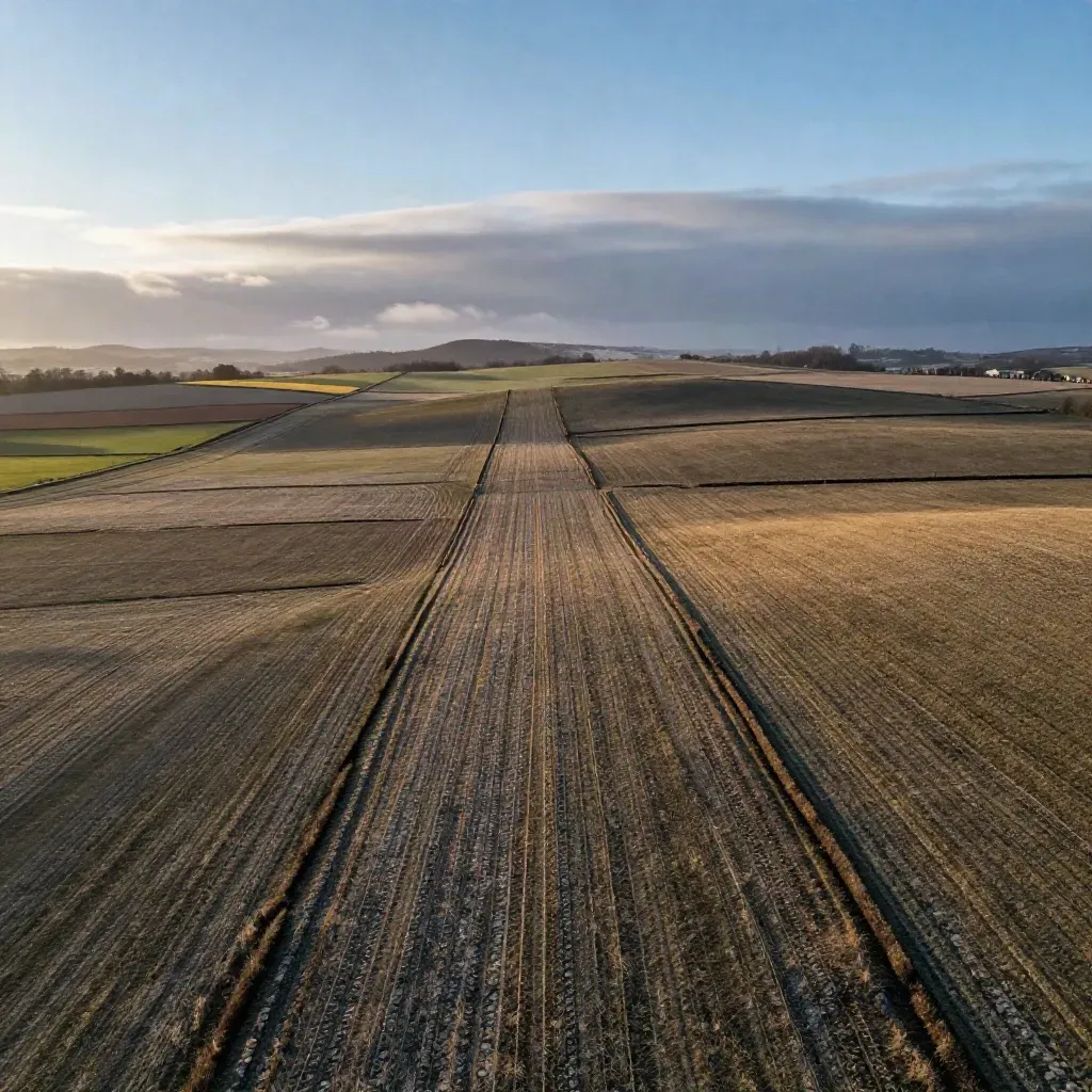 Patchwork farmland with hedgerows and winter grass under hazy late-afternoon light.