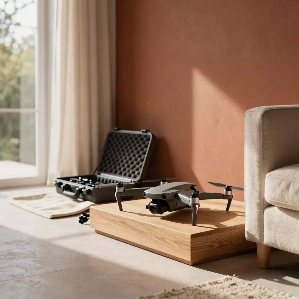 Sunlit oak-and-plaster interior with a drone case, quadcopter and landing mat in warm light.