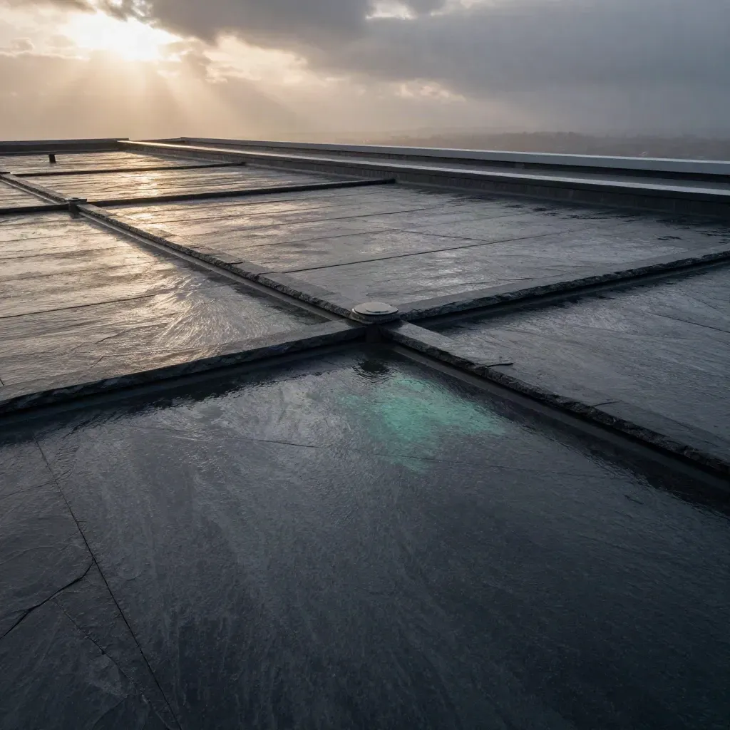 Wet slate roof at dusk with calm copy space and a muted industrial edge